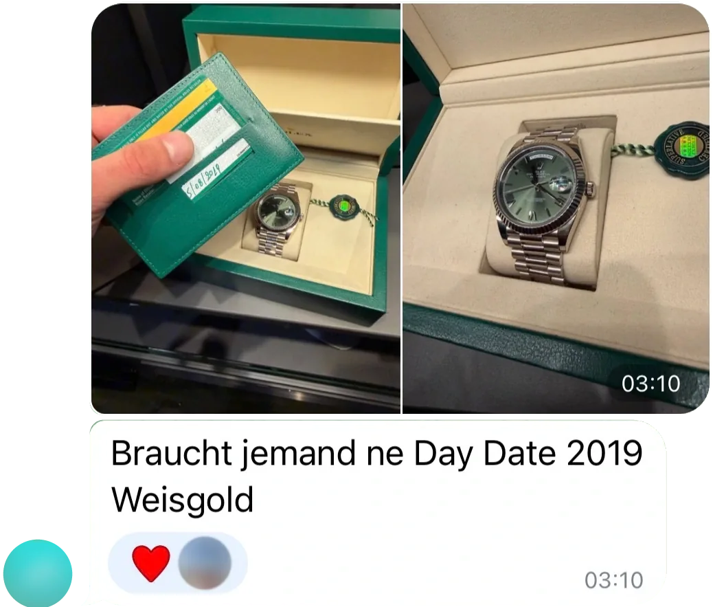 Telegram-Nachricht aus der Community mit Fotos einer Rolex Day-Date: „Braucht jemand ne Day Date 2019 Weisgold“