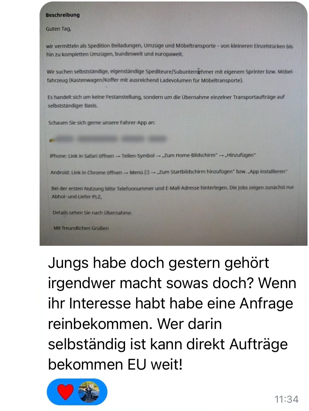 Telegram-Nachricht aus der Community mit einer weitergeleiteten Speditions-Anfrage: „Jungs habe doch gestern gehört irgendwer macht sowas doch? Wenn ihr Interesse habt habe eine Anfrage reinbekommen. Wer darin selbständig ist kann direkt Aufträge bekommen EU weit!“